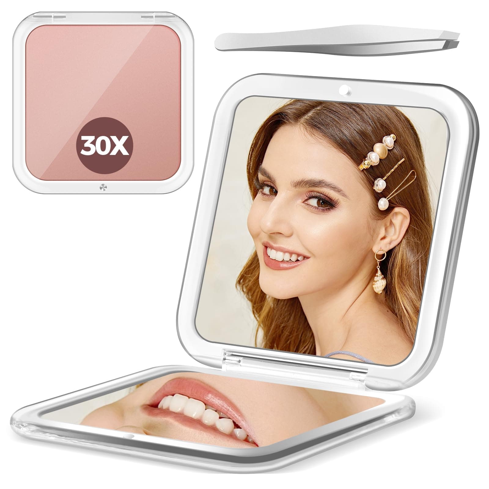 Rose 30X Pocket Travel Makeup Mirror, 2-Sided Compact 3.3x3.3-Inch Mini Mirror for Home & Outside, Precision Tweezers