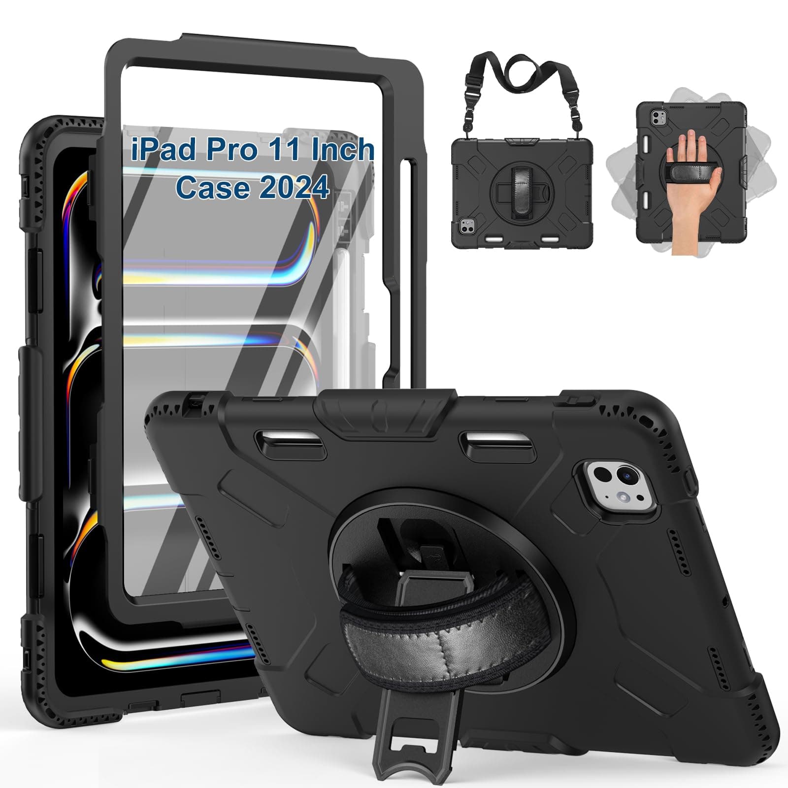 SUPFIVES Case for iPad Pro 11 Inch 2024 (5th Gen), with Screen Protector/Shoulder Strap/Pencil Holder/Handle/Rotating Stand, Black