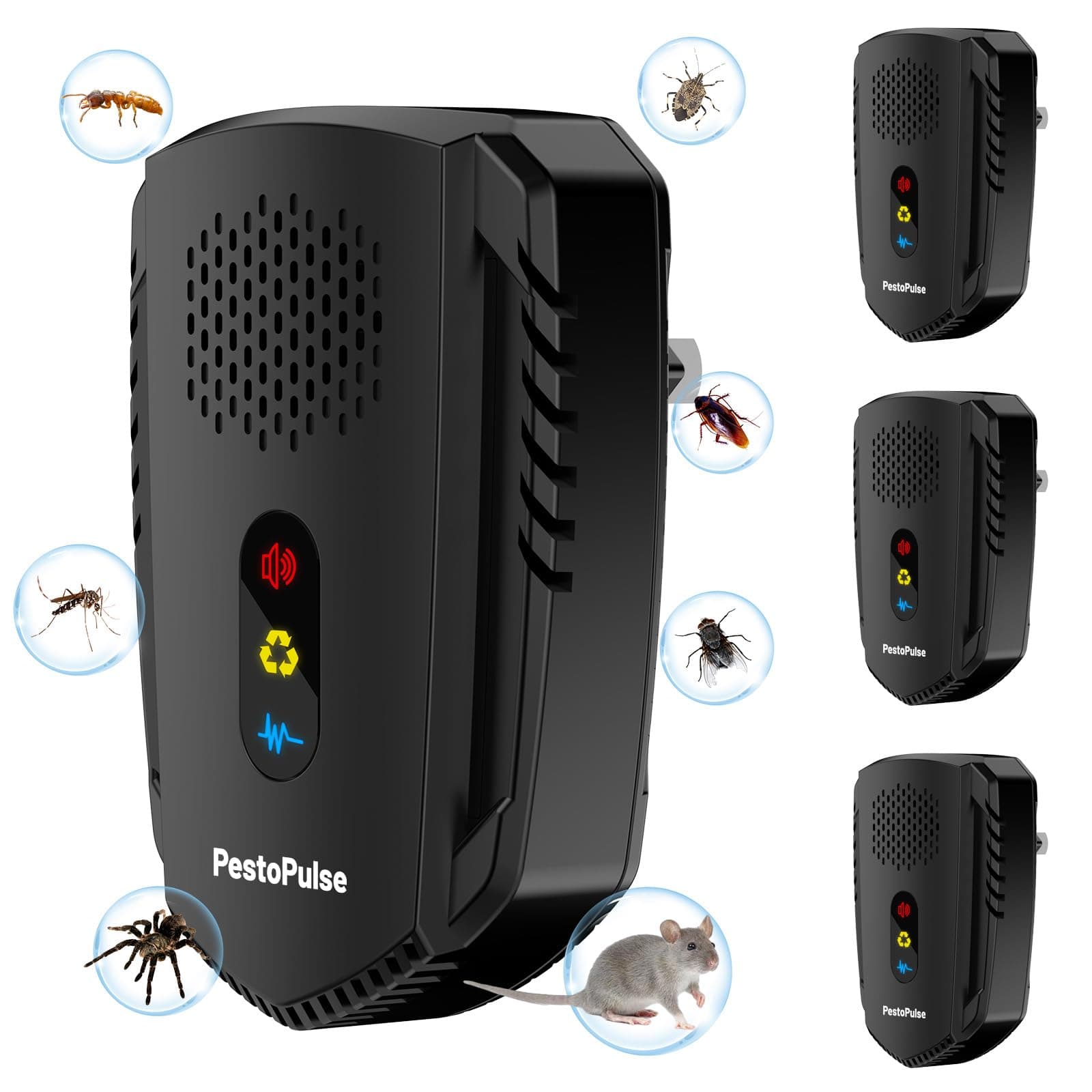 PestoPulse 2025 Ultrasonic Pest Repeller, 4 PCS Mouse repellent, 3 Model Repeller Plug in Pest Control, Efficient Against Mice Rat Mosquitoes Spider Cockroach Moths Ants Etc Harmless to Pets Human