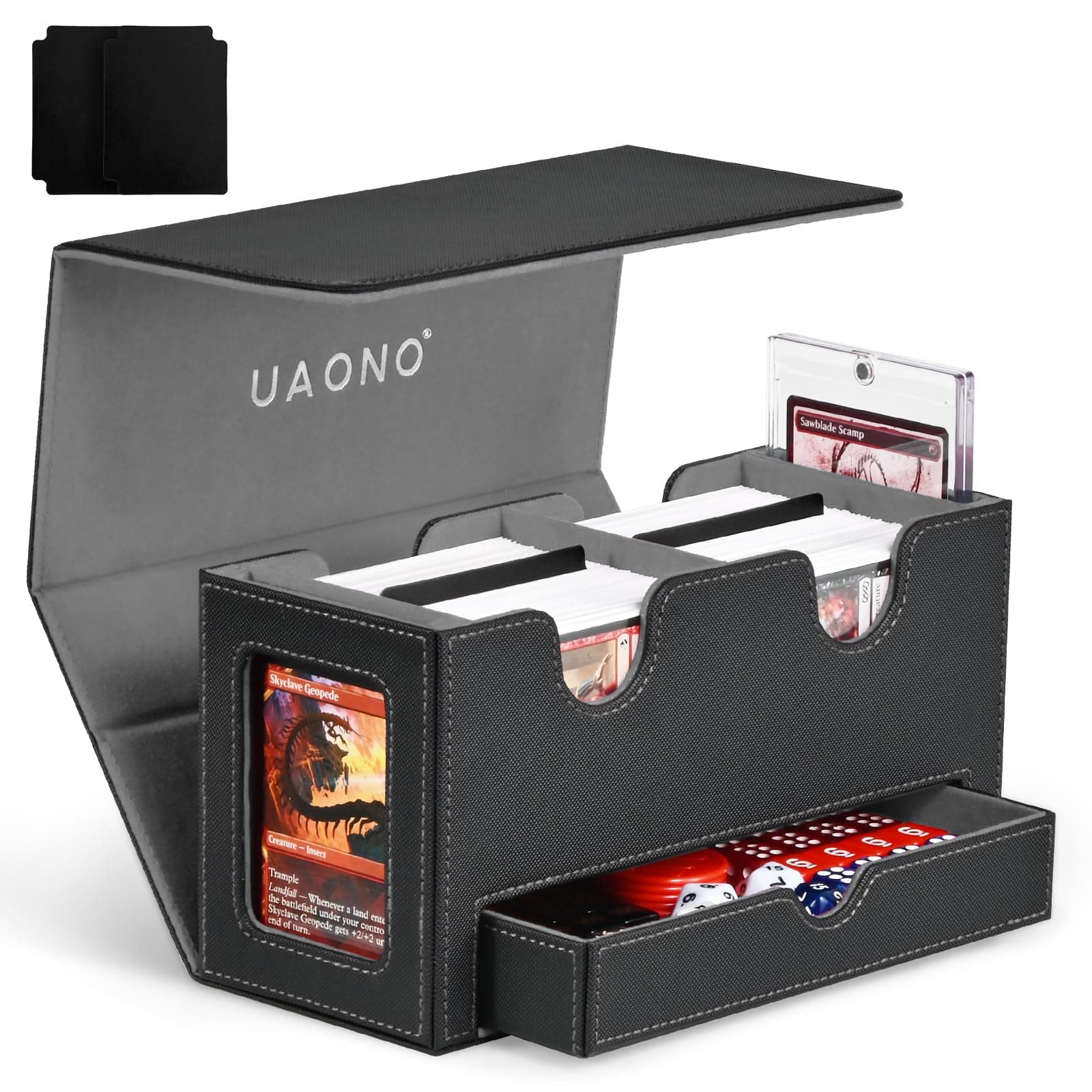UAONO MTG Deck Box with 2 Commander Display and Dice Tray, Double Deck Box for 280+ Single Sleeved Cards, Leather Magnetic Card Storage Box Fits for TCG CCG Magic Cards（Black&Gray）