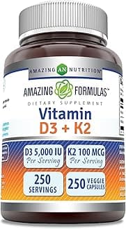 Amazing Formulas Vitamin D3 5000 IU with Vitamin K2 100 Mcg| 250 Veggie Capsules | D3 + K2 Complex | Non-GMO | Gluten Free | Made in USA