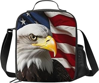 American Flag Lunch Box - Insulated Lunch Box for Kids Funny 3D Eagle Design with Side Pocket & Shoulder Strap Lunch Bag Perfect for School/Camping/Hiking/Picnic/Beach/Travel