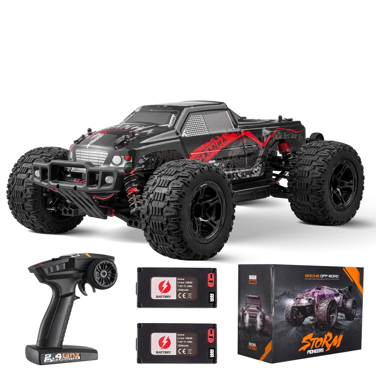 VEVOR 1:10 Large RC Car Remote Control Truck with Lights, All Terrain 4WD Off-Road Monster Truck 38 km/h High Speed with 45° Wheelie and 2 Batteries, Hobby Racing Car - Xmas Gift for Adults Boys IPX4