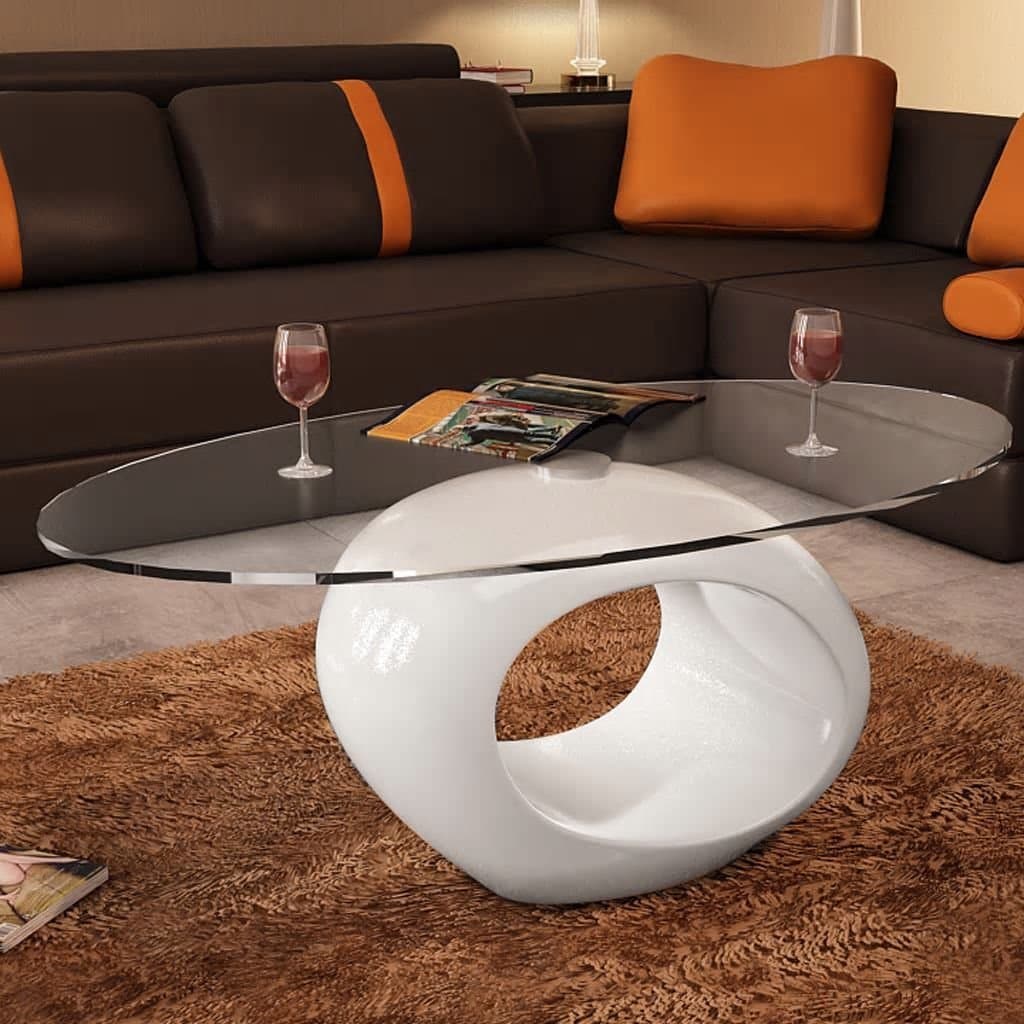 Tidyard Modern High Gloss Coffee Table with Oval Glass Top, End Side Table Living Room Furniture White