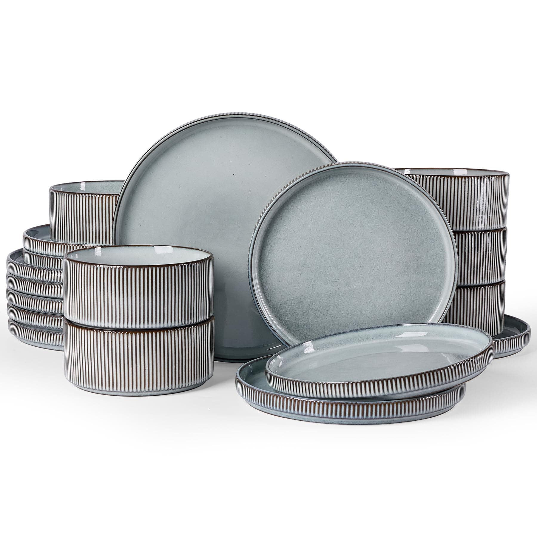 famiware Star Plates and Bowls Sets, Modern Stoneware Dinnerware Sets for 6, 18-Piece Kitchen Dish Set - Chip and Scratch Resistant, Microwave and Dishwasher Safe Tableware, Smoky Blue