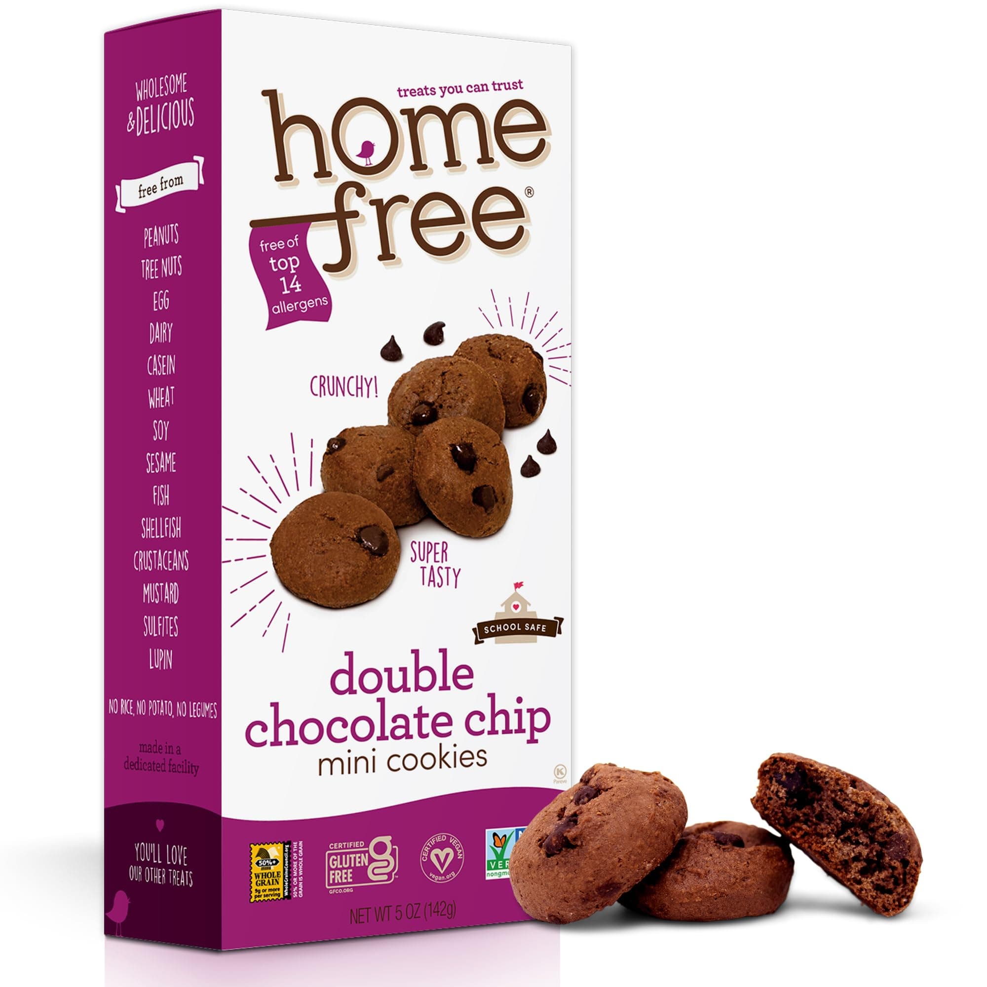Homefree Mini Double Chocolate Chip Cookie Box, Gluten Free, Nut Free, Vegan, School Safe and Allergy Friendly Snack, 5 oz. Box (Pack of 1)