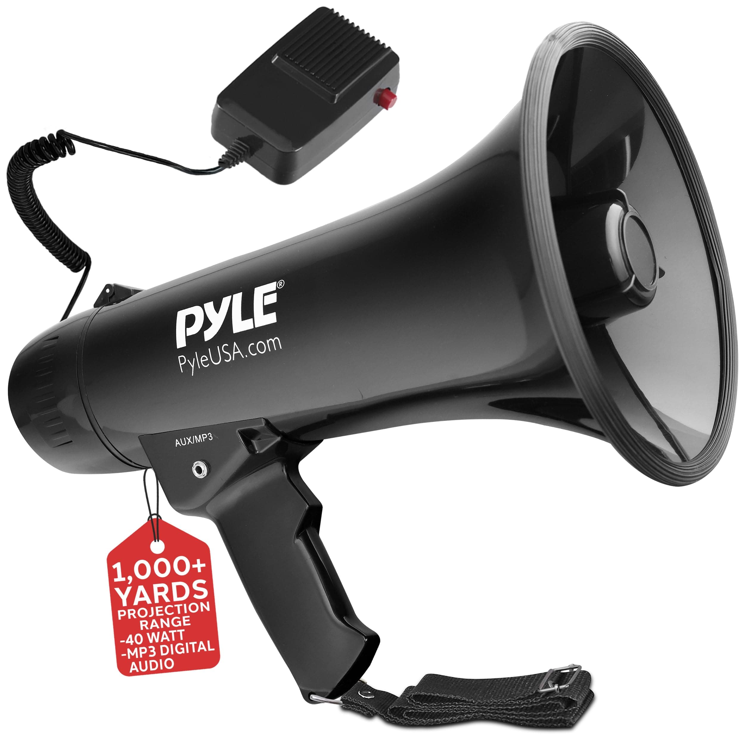 Pyle Megaphone Speaker PA Bullhorn Built-in Siren - Adjustable Volume Control & 1200Yard Range - for Football, Soccer, Baseball, Hockey & Basketball Cheerleading Fans & Coaches or for Safety Drills