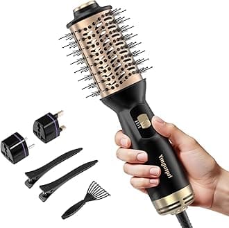4 in 1 Travel Dual Voltage Hair Dryer Brush, Mini Auto Blow Dryer Brush in one, 2 Inch Hot Air Brush and Styler for Home & Salon, 3 Heat Settings with EU&UK Plug (Gold)