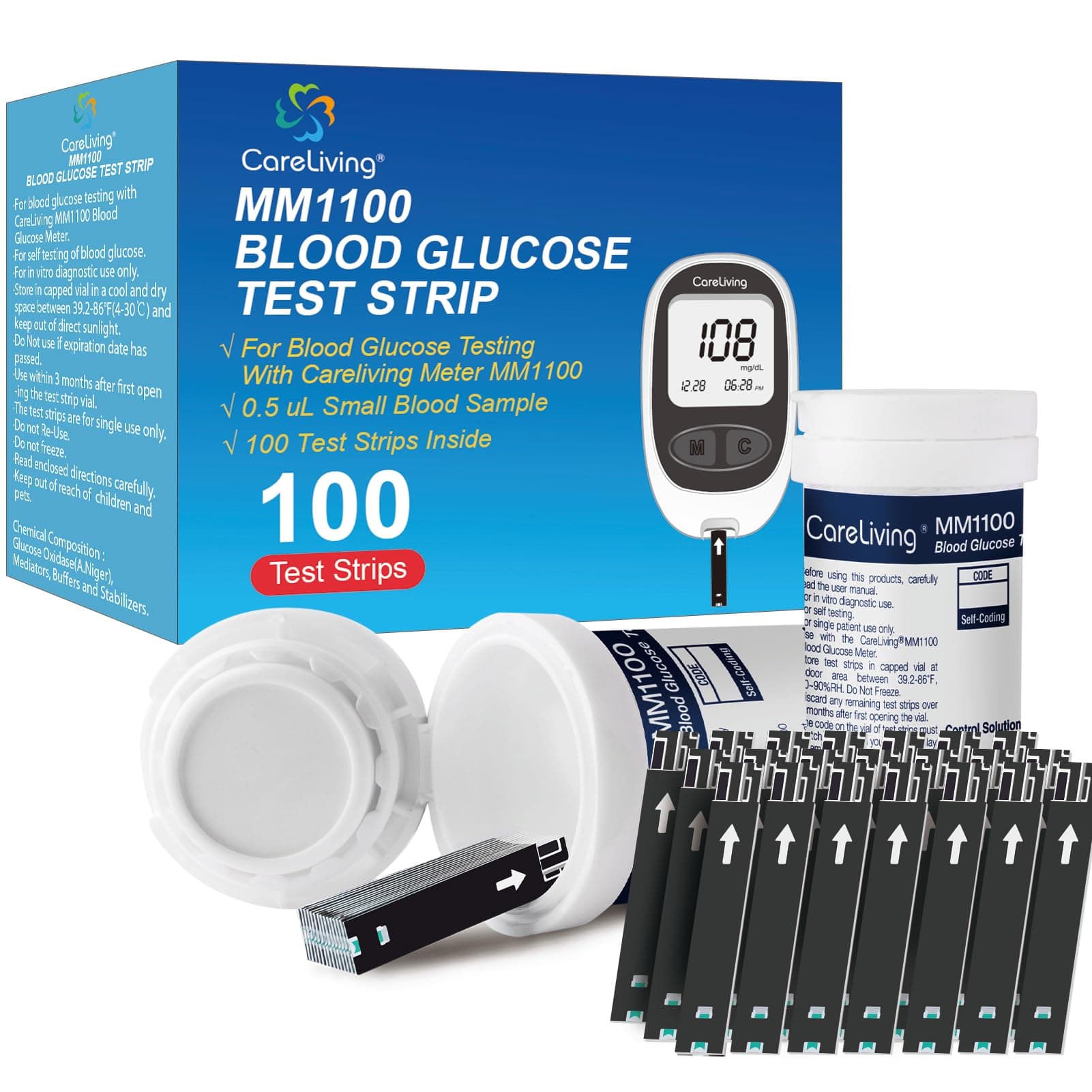 MM1100 Blood Glucose Test Strips, for Diabete Sugar Testing, 100 Count