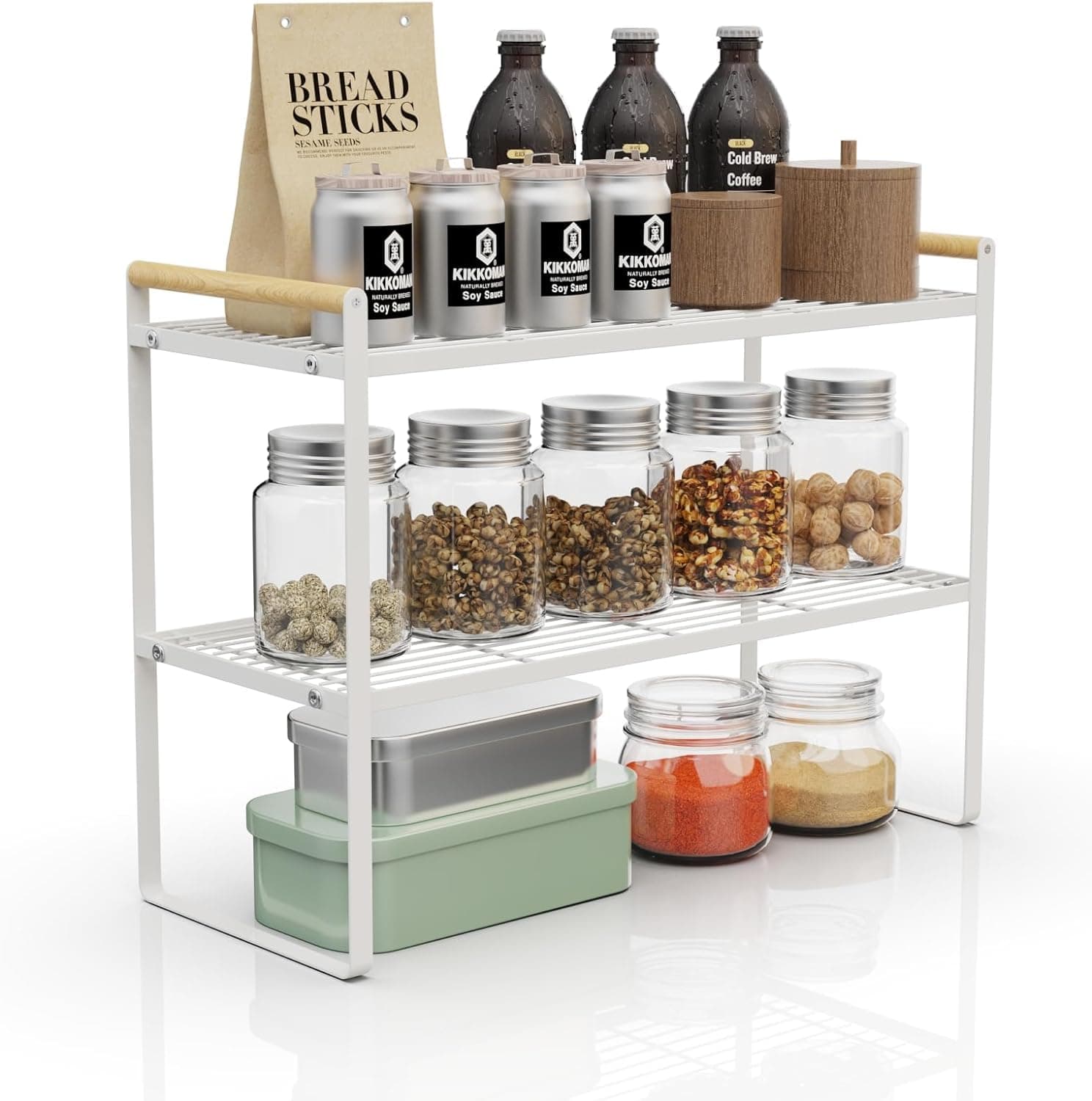 U-HOOME Kitchen Cabinet Pantry Shelf,Cupboard Stand Spice Rack Organizer,Stackable Countertop Organization and Storage For Kitchen Bathroom Office (2tier-white)