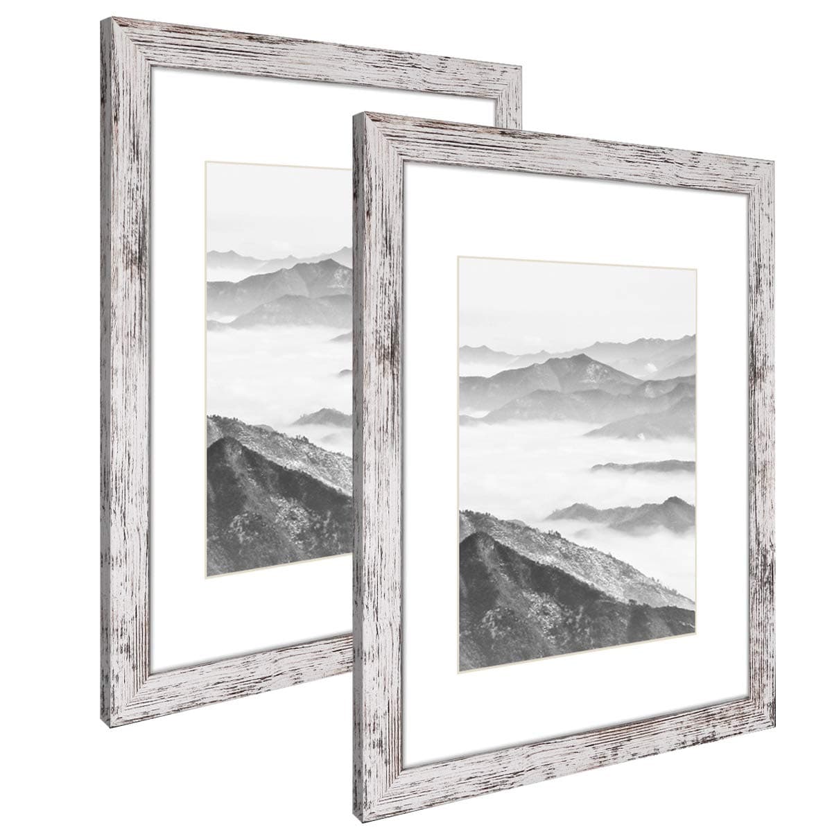 Q.Hou A3 Photo Frame Distressed White Wood Pattern Set of 2 with Mat, Mount for A4 Picture or Certificate, Perspex Front for Wall Decor (AE-QH-PFA3-RW)