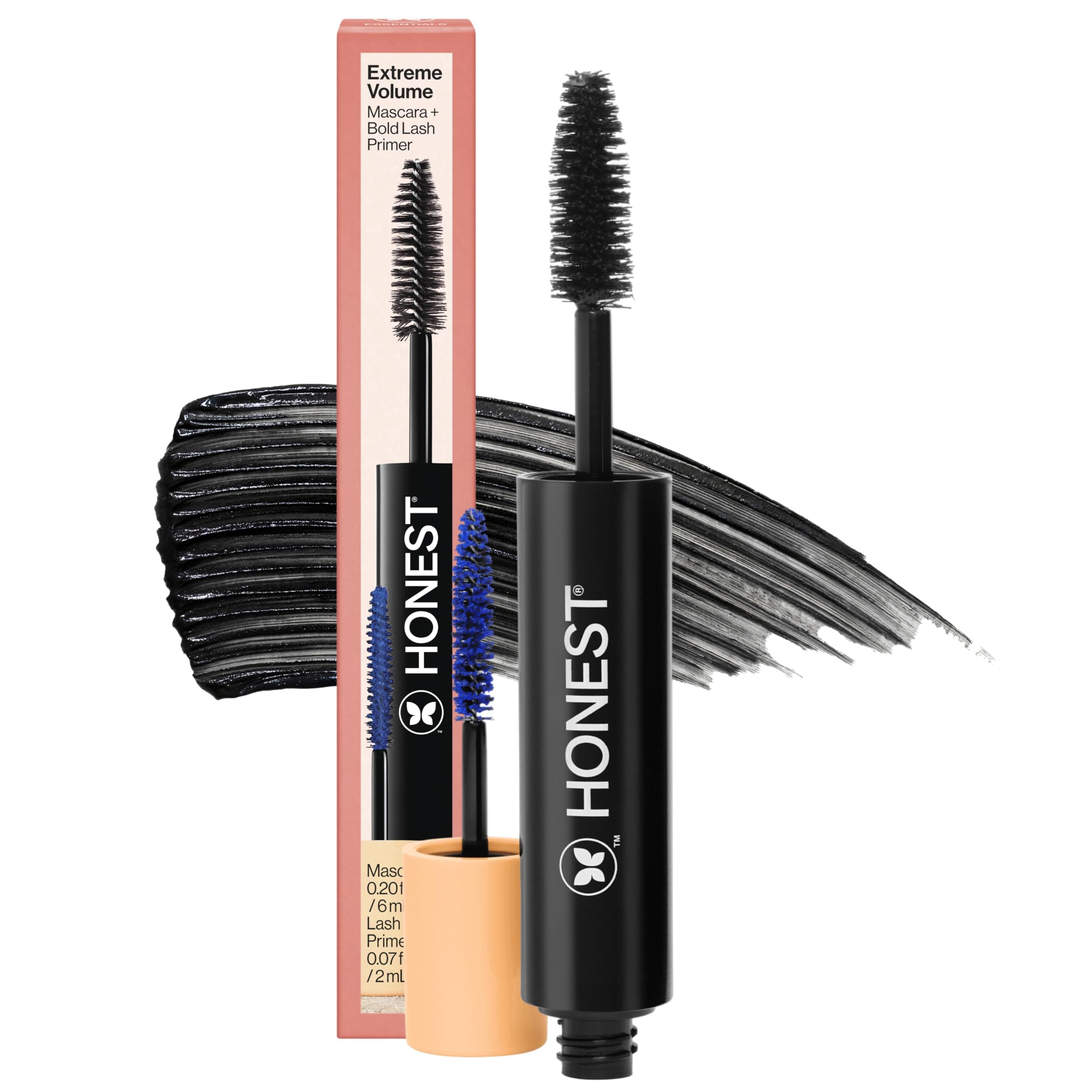 2-in-1 Extreme Volume Clean Mascara + Bold Lash Primer with Castor Oil | Maximum Volume + Curl | Vegan + Cruelty Free | Black, .27 fl oz
