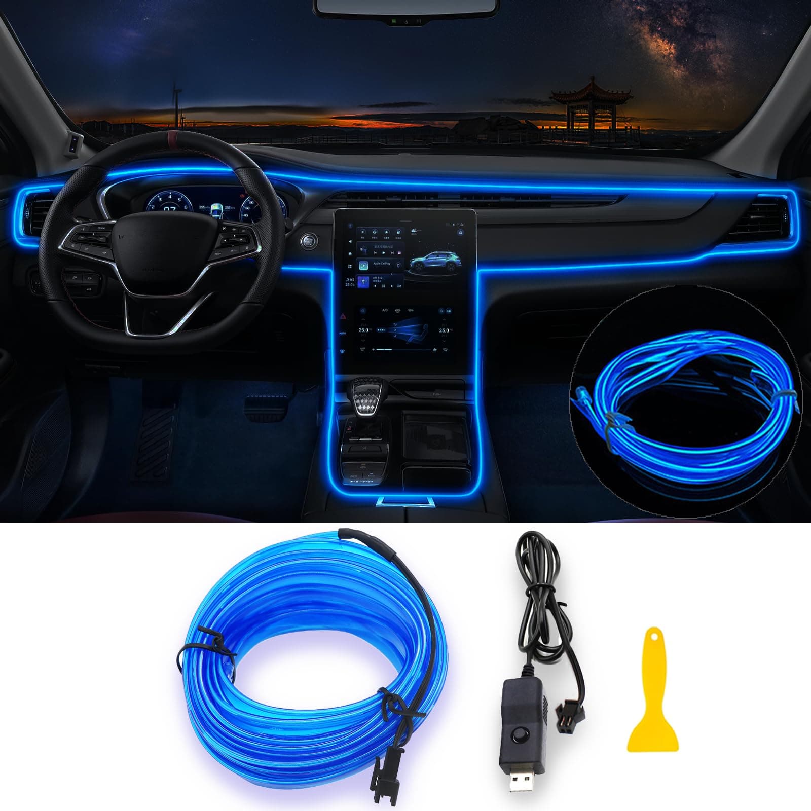 Jushope EL Wire Car LED Lights, Interior Car Lights Strip, USB Car Ambient Lighting with Switch and Flashing Modes, Inside Car Decorations Accessories (Blue, 5M/16.5FT)