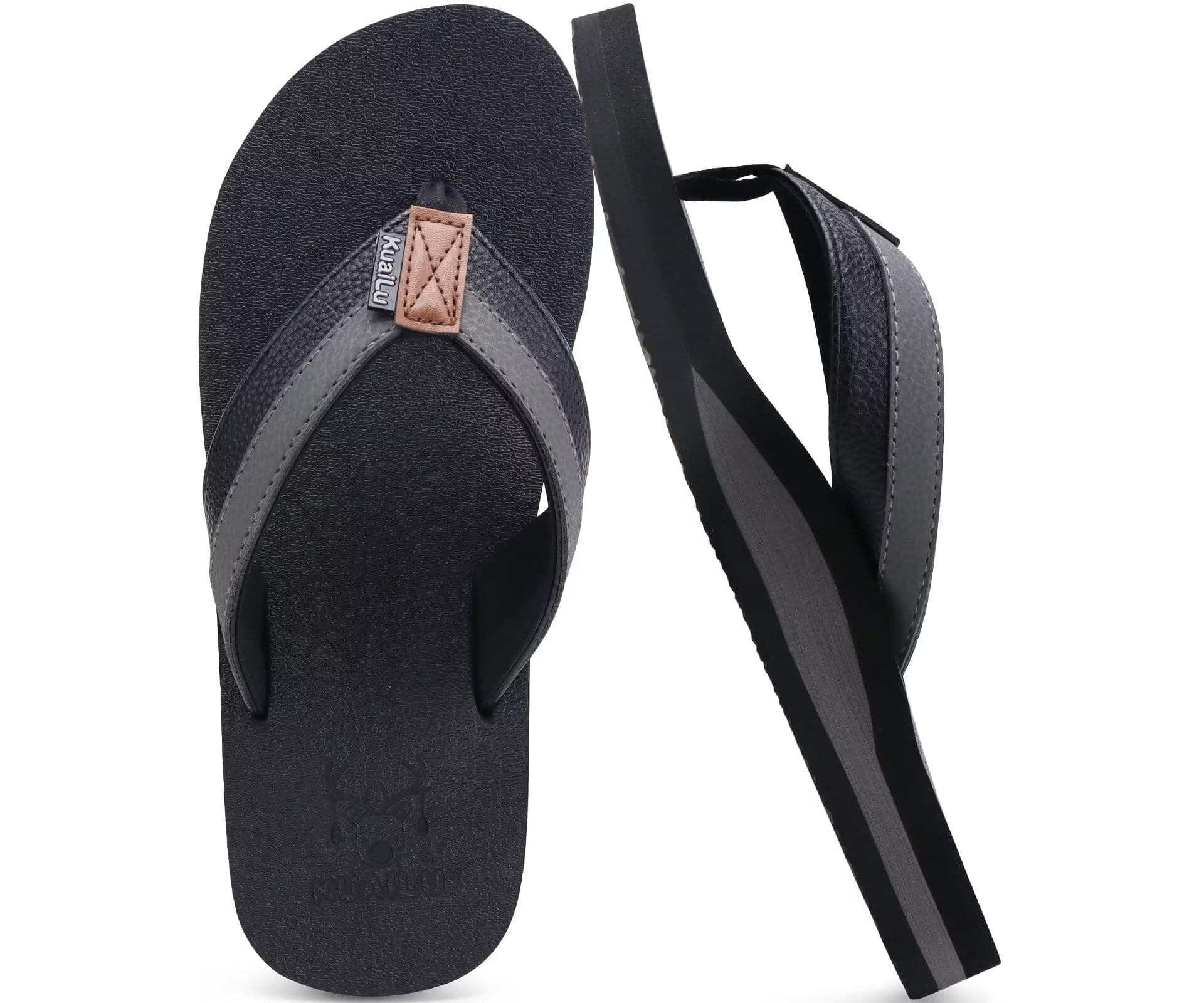 KuaiLu Men's Yoga Mat Leather Flip Flops with Arch Support Comfortable Cushion Walking Thong Sandals Slip On Indoor Outdoor