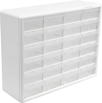 24-Drawer Plastic Drawer Storage Cabinet for Garage Organization, Bead Organizer, Building Bricks Storage, Teacher Toolbox, Makeup Organizer, 20" W x 6" D x 16" H, 10124 White