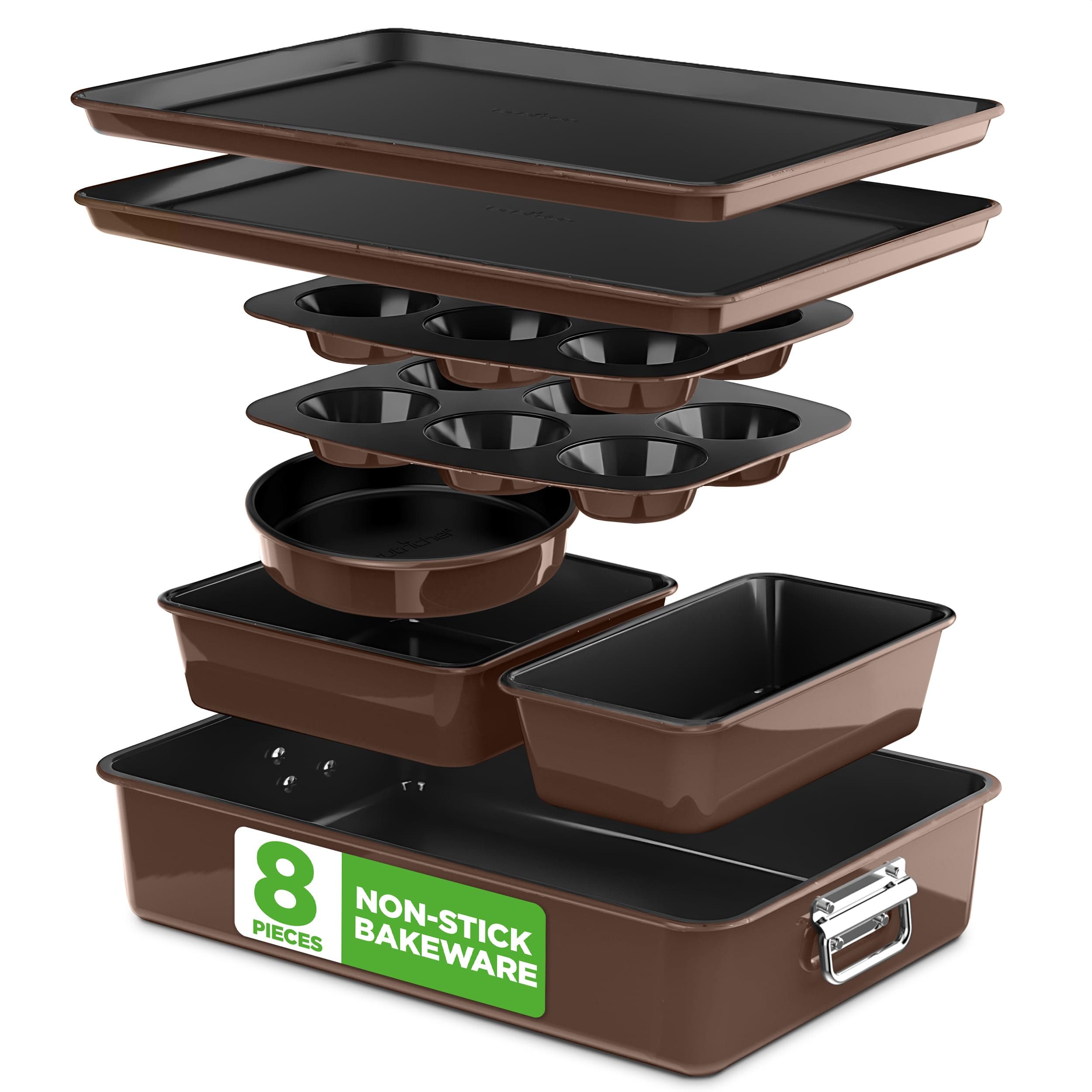 NutriChef 8-Piece Nonstick Stackable Bakeware Set - PFOA, PFOS, PTFE Free Baking Tray Set w/Non-Stick Coating, 450°F Oven Safe, Round Cake, Loaf, Muffin, Wide/Square Pans, Cookie Sheet (Brown)