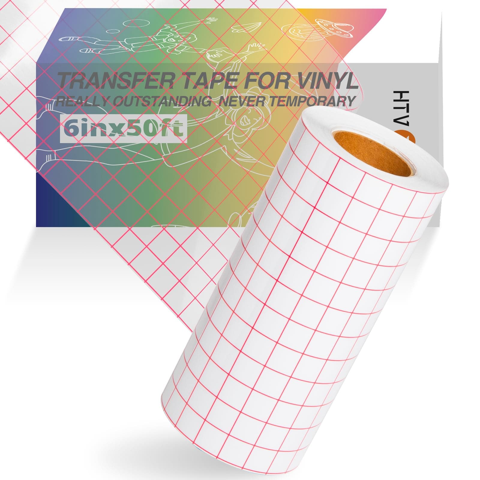 HTVRONT Clear Vinyl Transfer Paper Tape Roll 6" x 50 Feet Clear w/Red Alignment Grid - Application Transfer Tape Perfect for Self Adhesive Vinyl for Signs Stickers Decals Walls Doors & Windows