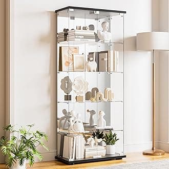 Glass Display Cabinet 5-Shelf with Door, Lock and Mirror,4mm Tempered Glass Floor-to-Ceiling Glass Bookcase for Bedroom, Living Room, Black