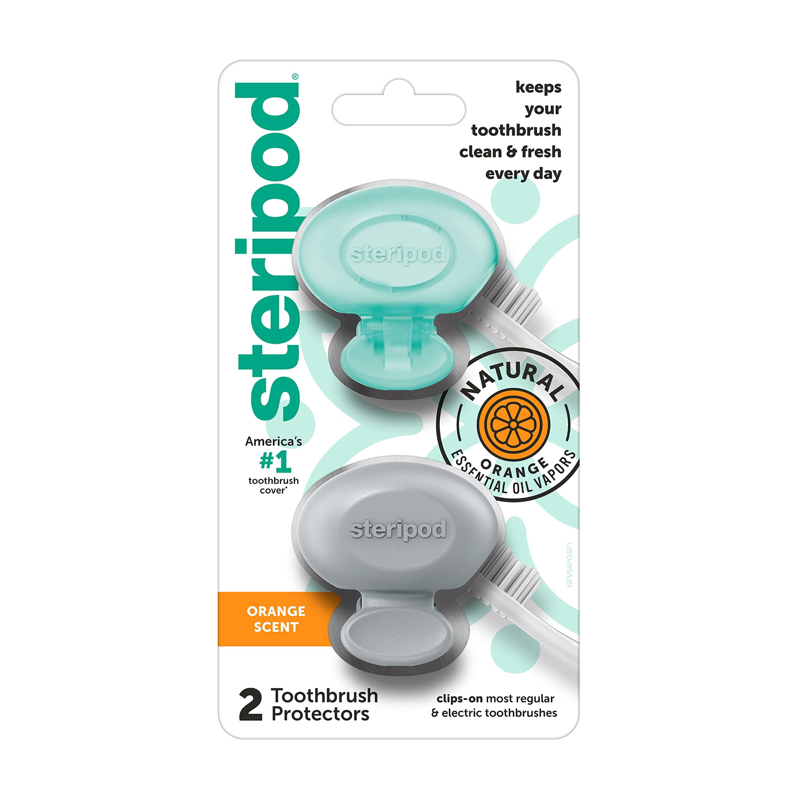 Steripod Clip-On Toothbrush Protector with Orange Essential Oils, Keeps Toothbrush Fresh and Clean, Fits Most Manual and Electric Toothbrushes,2 Count (Pack of 1)