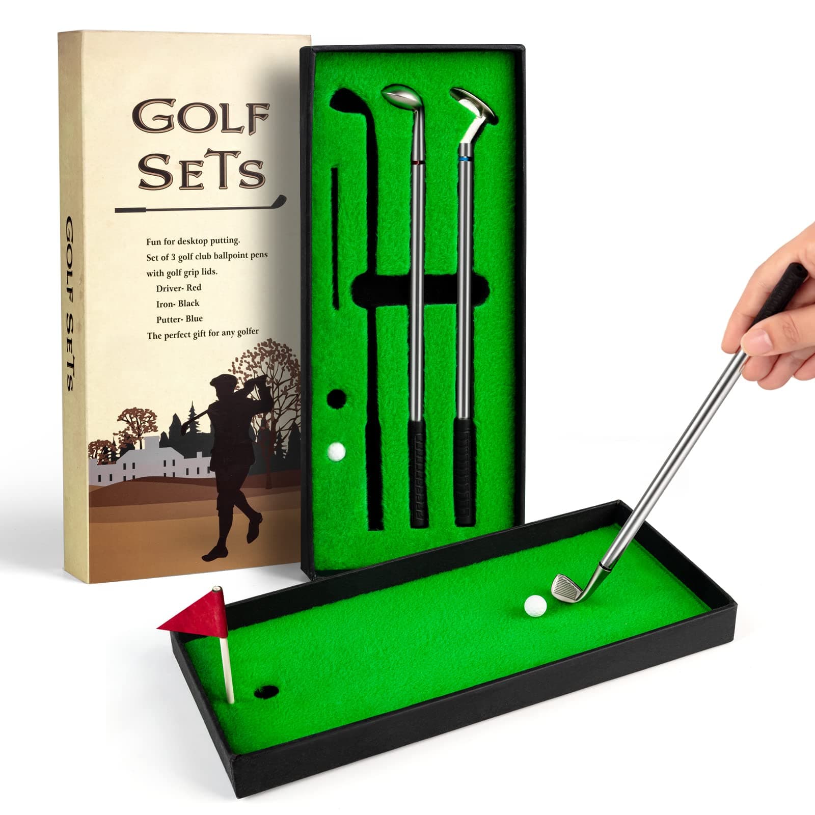 Juboury Mini Desktop Golf Pen Gift Set with Putting Green, Flag, 3 Golf Club Pens & 2 Balls