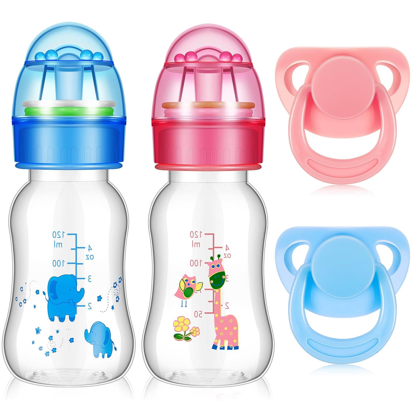 Jexine 4 Pieces Reborn Doll Accessories, Includes 2 Magnetic Pacifier and 2 Doll Bottles, Feeding Bottle Gift for Shower Birthday, Random Pattern(125 ml,Cute,Pink,Blue)