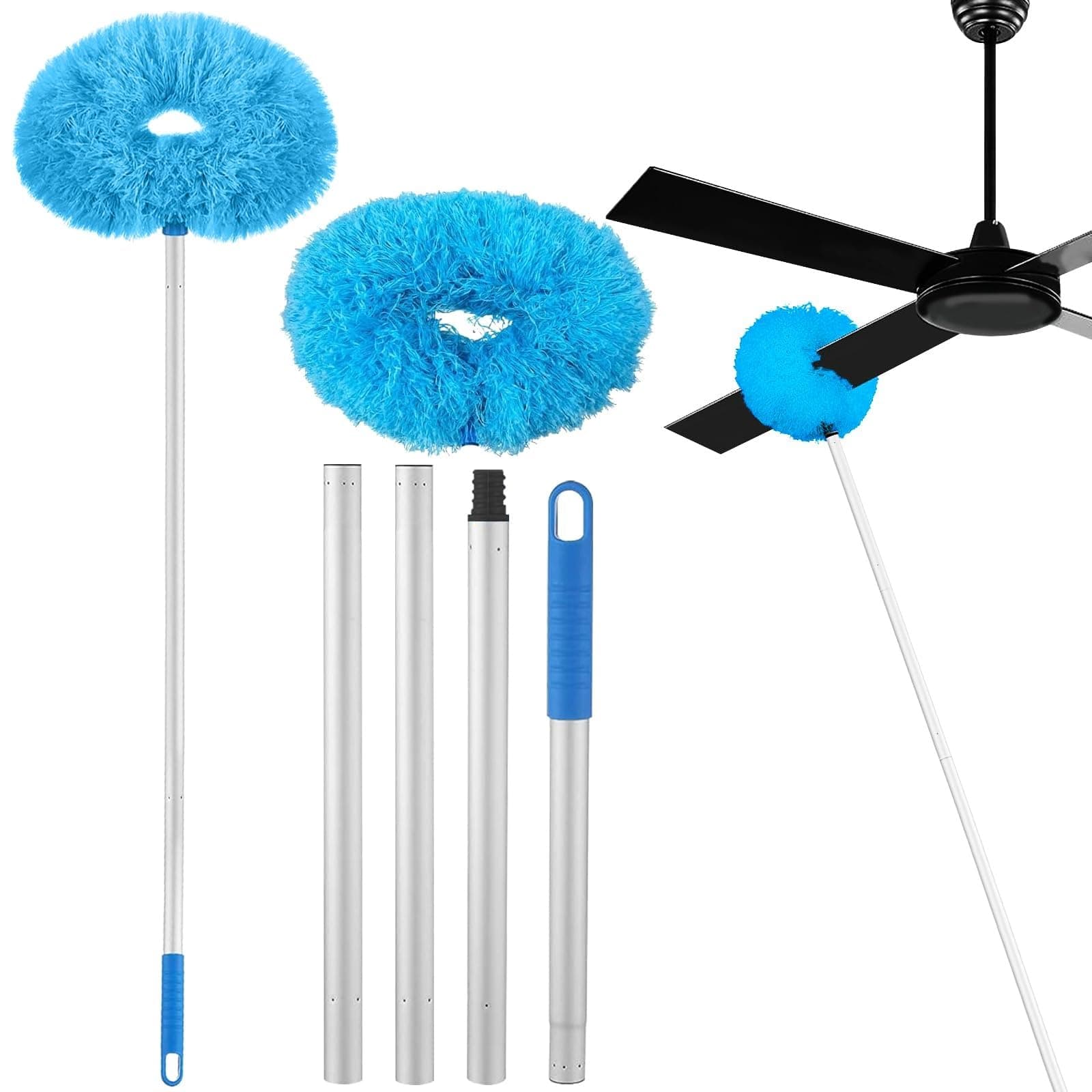 Ceiling Fan Cleaner Duster,Extra Long Dusters with Extension Pole 47 inch for Cleaning, Circle Shape Microfiber Reusable Duster & Flexible Brush, Ceiling Fan Duster for High Ceilings, Furniture (Blue)