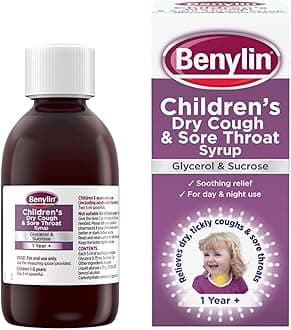 Benylin Children’s Dry Cough and Sore Throat Syrup (1x 125ml), Relieves Sore Throat, Cough Medicine For Children Aged 1 Year +, Suitable for Day and Night Use