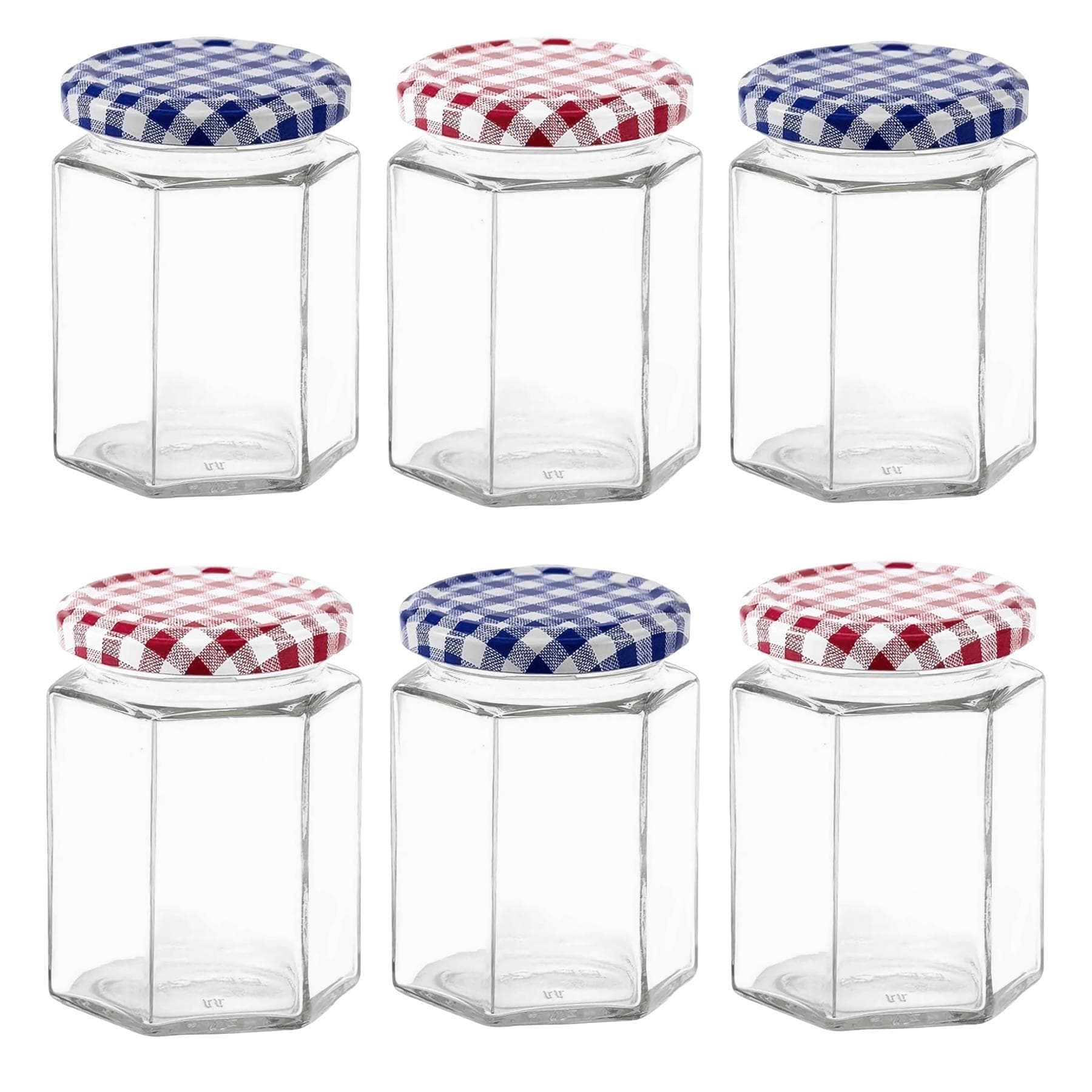 Glass Jam Jars Set of 6, 280ml / 9oz Hexagonal Storage Glass Jars with Screw Top Red and Blue Gingham Lids, Clear Airtight Preserving Glass Jars for Marmalade, Chutney, Jam, Pickle
