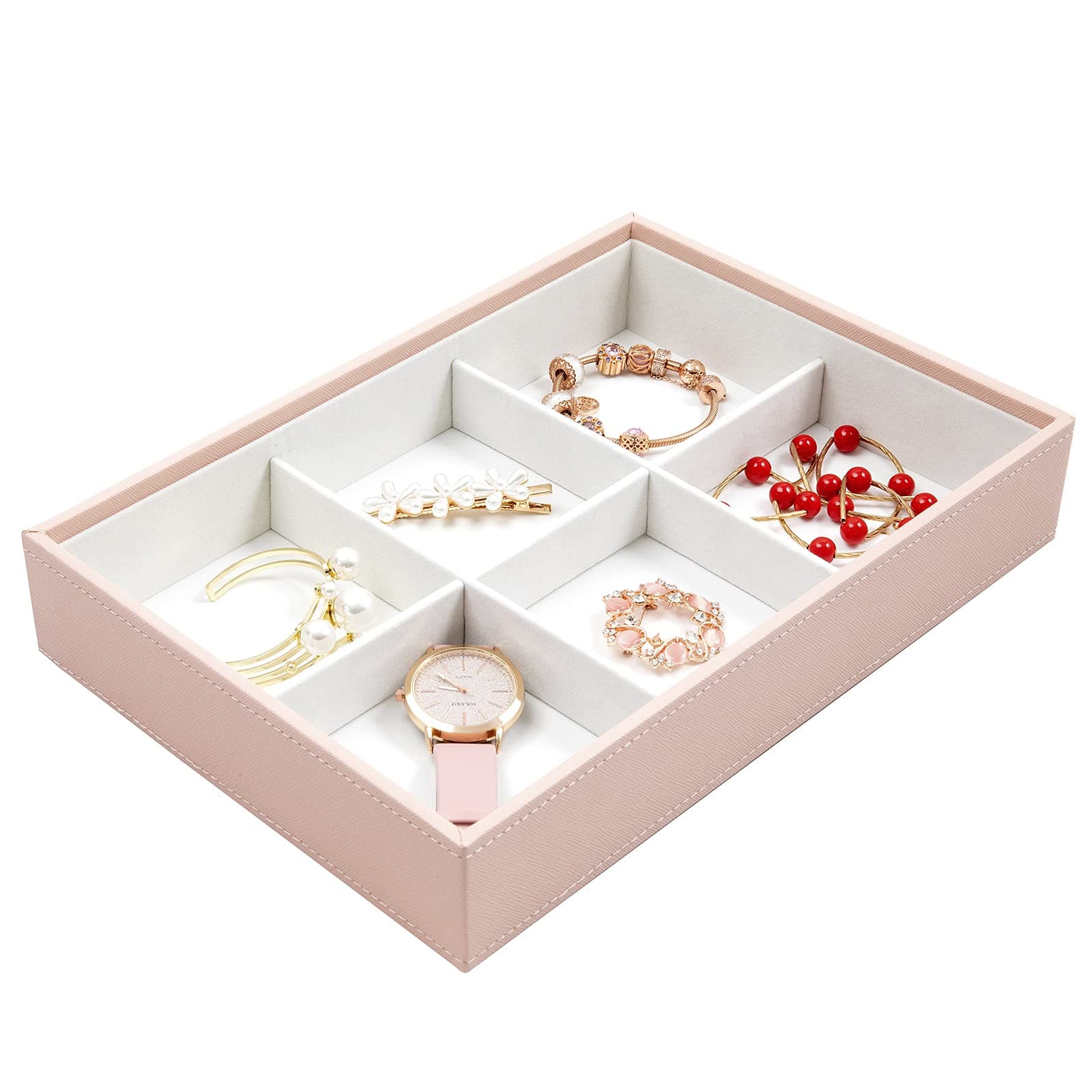Vee Upgraded Stackable Jewelry Tray Organizer, 6 Slot High-Capacity Jewelry Storage Display Trays for Drawer, Earring Necklace Bracelet Ring Organizer (Pink)