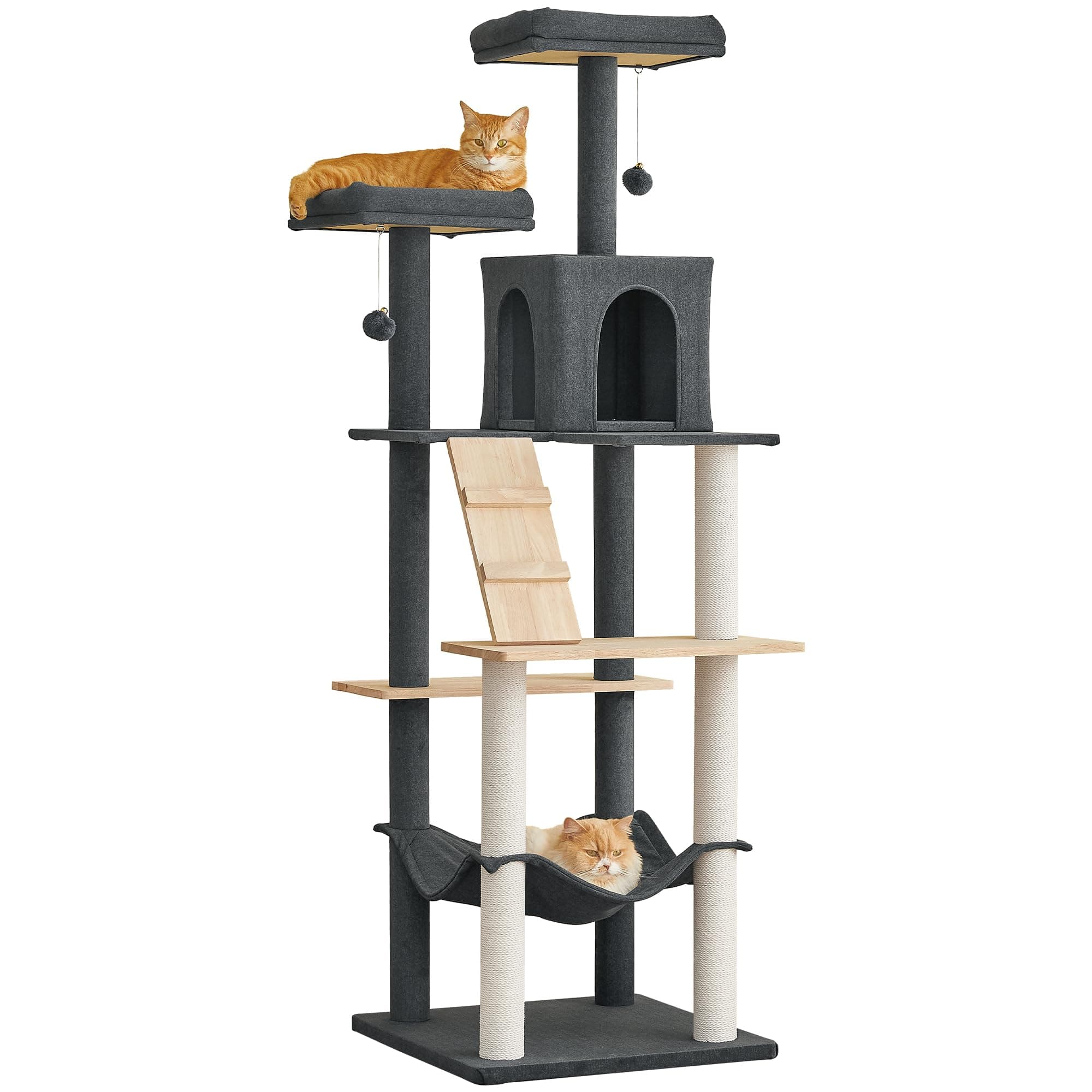 MWPO Large Modern Cat Tree, 70.1-Inch Wood Cat Tower for Indoor Cats, Multi-Level Tall Cat Condo with 2 Padded Perches, Hammock, Scratching Posts, Dangling Toys, Smoky Grey