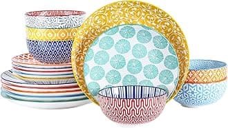 SelamicaCeramic Dinnerware Sets for 6, 18 Pieces Plates and Bowls Set, Scratch Resistant Dishes Set, Dishwasher&Microwave Safe, Assorted Colors