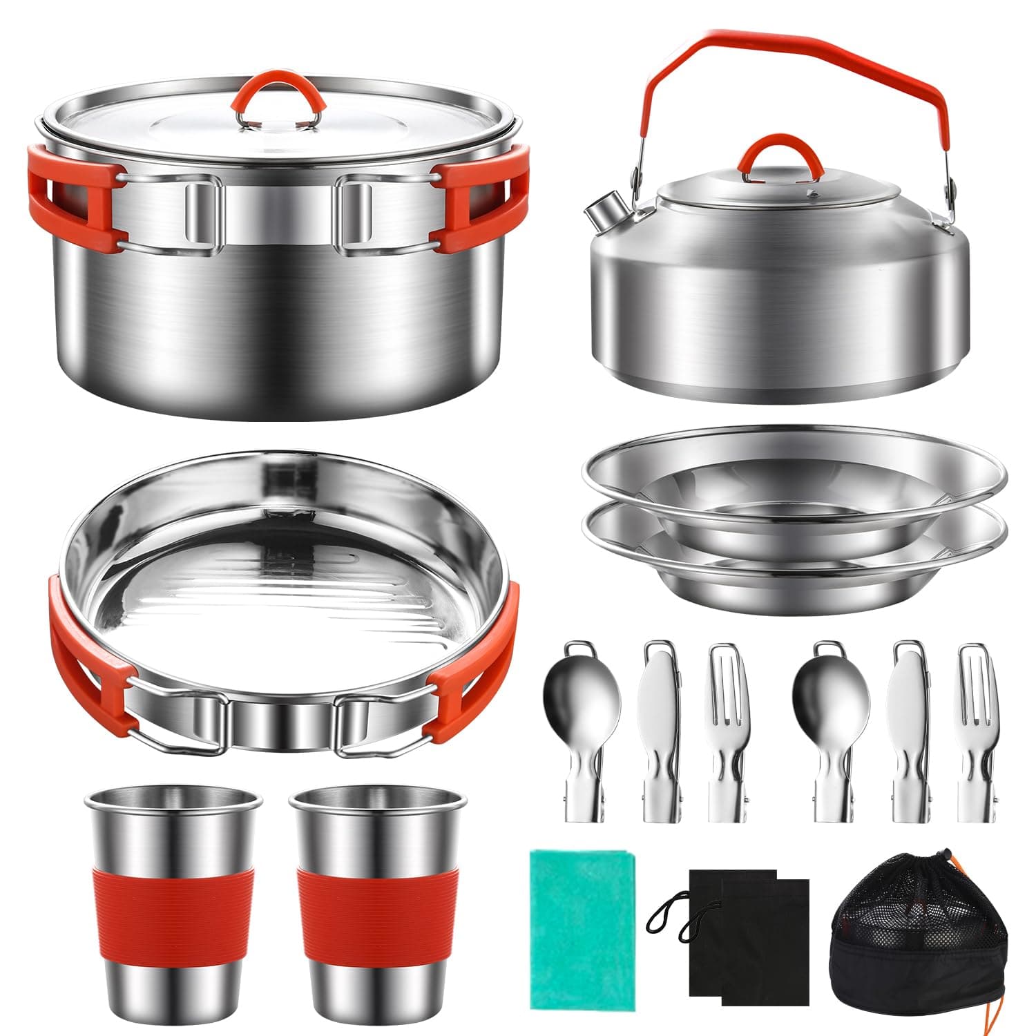 304 Stainless Steel Camping Cookware Set - Mess Kit with Pots, Pans, Kettle, Plates, Forks, Knives, Spoons for 2 People, Perfect for Camping, Picnic, RVs