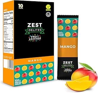 Fruit Snacks by Zest Delites, Fruit Leather, Dried Mango Bars, Healthy Snacks for Adults & Kids, No Sugar Added, Apple-Based Mango Strips, 0.88 oz x 10