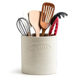 YHOSSEUN Utensil Holder for Kitchen Counter, Ceramic Cooking Utensil Holder for Countertop, 6.7in Oval Utensil Crock Spatula Holder Farmhouse Kitchen Decor, White