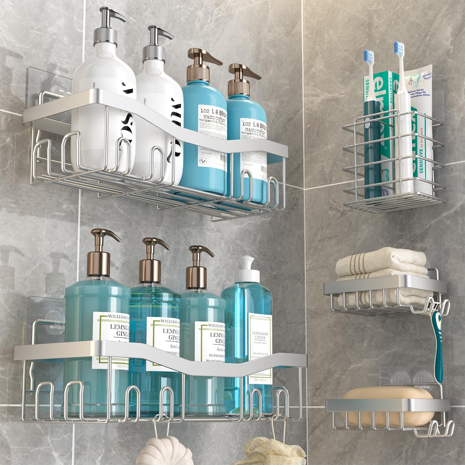 Shower Caddy, Shower Organizers [5-Pack], Rustproof Bathroom Shower Shelves for Inside Shower, Adhesive Shower Caddy with Soap Caddy & Toothbrush Holder No Drilling, Light Silver