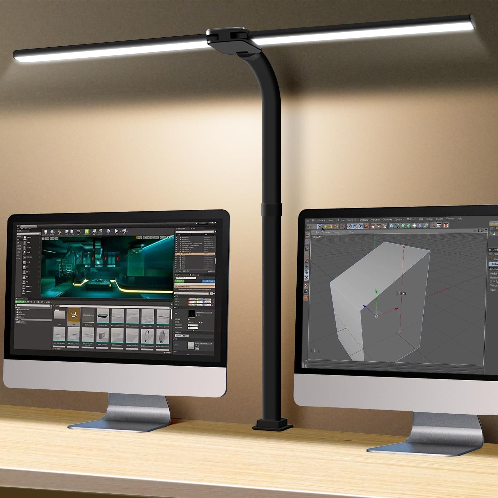 LED Desk Lamp for Home Office, Double Head LED Desk Lamp with Clamp, Eye Protection Architect Table Lamps, 18W 80CM Brightest 5 Color Modes and Dimmable Workbench Office Light for Reading