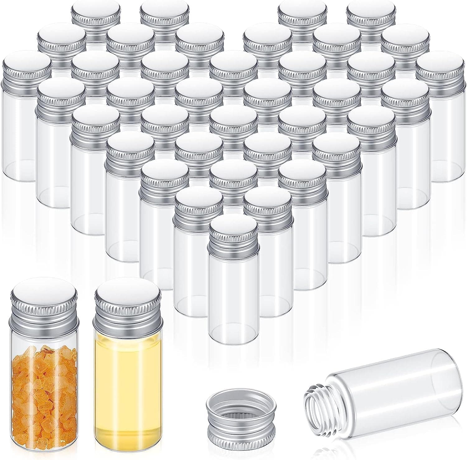 100 Pcs Vials Clear Mini Glass Bottles with Screw, Aluminum Metal Cap Tiny Jars Empty Small Bottles with Lids, DIY Sample Containers, for Powder Cream Cosmetic Jewelry Wedding Decor, 10 ML
