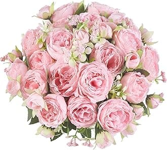 Mkono Peonies Artificial Flowers, Small Silk Flowers for Home Decor Indoor Fake Bouquet Faux Floral Arrangements Dining Table Centerpieces for Kitchen Bridal Wedding Party Decor Pink