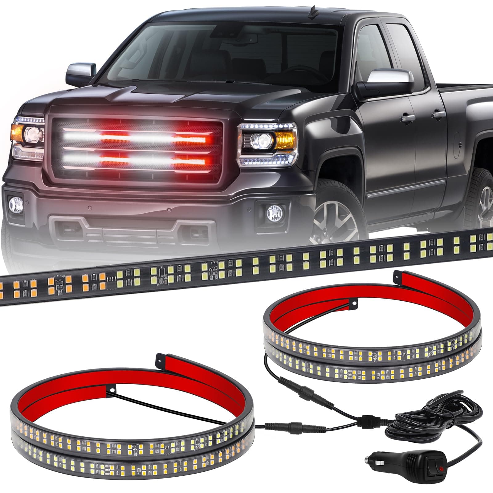 XRIDONSEN 2PCS 24 inch Truck Grill Emergency Lights Strip 288 LED Red White Grille Firefighter Lights Strobe Flashing Warning Safety Waterproof First Responder Lights for Vehicles Fire Trucks Pickup