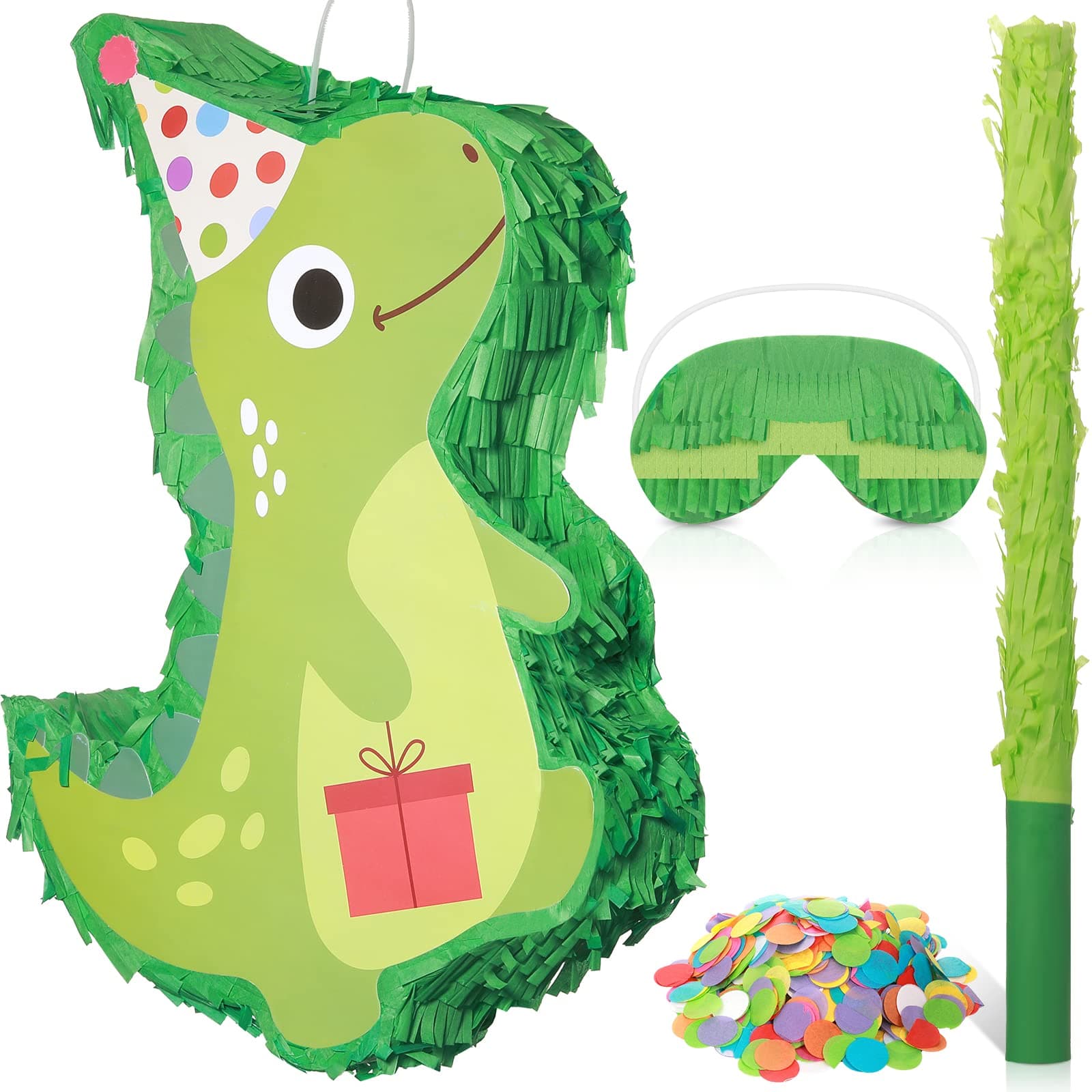 Dinosaur Piñata with a Blindfold and Stick Cute Large Dino Piñata for Easter Mexican Fiesta Birthday Decorations Animal Dinosaur Themed Party Favors (Green)