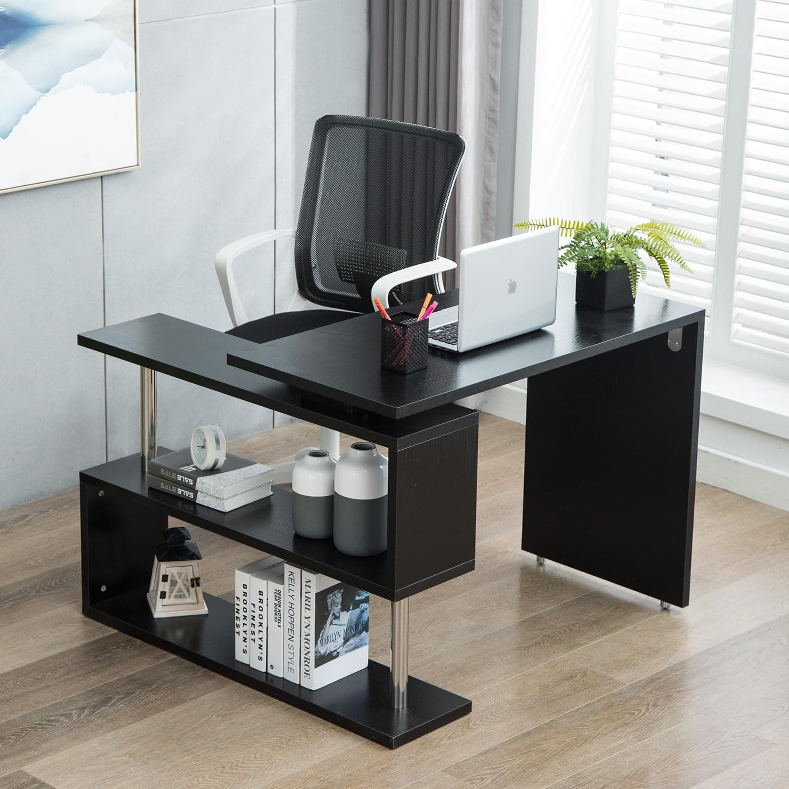 Artist hand Computer Desk Office Desk 360 Degrees Rotating L-Shaped Compuer Desk Corner Table for Home Office Black