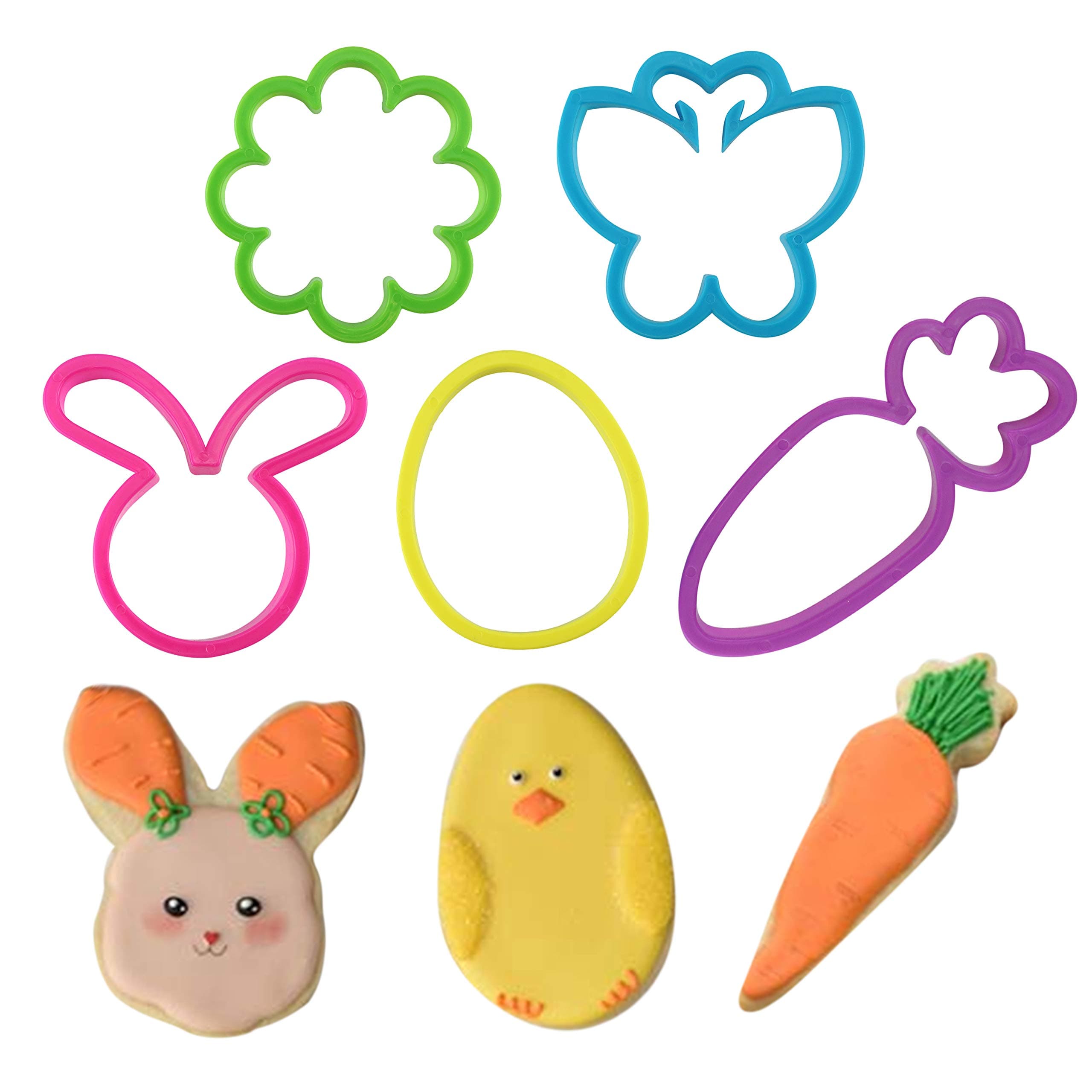 SRVertex 5PCS Easter Cookie Cutter Set: Bunny, Butterfly, Carrot, Flower, Egg Shapes - BPA Free Plastic, Kids Safe, Easy to Use & Clean