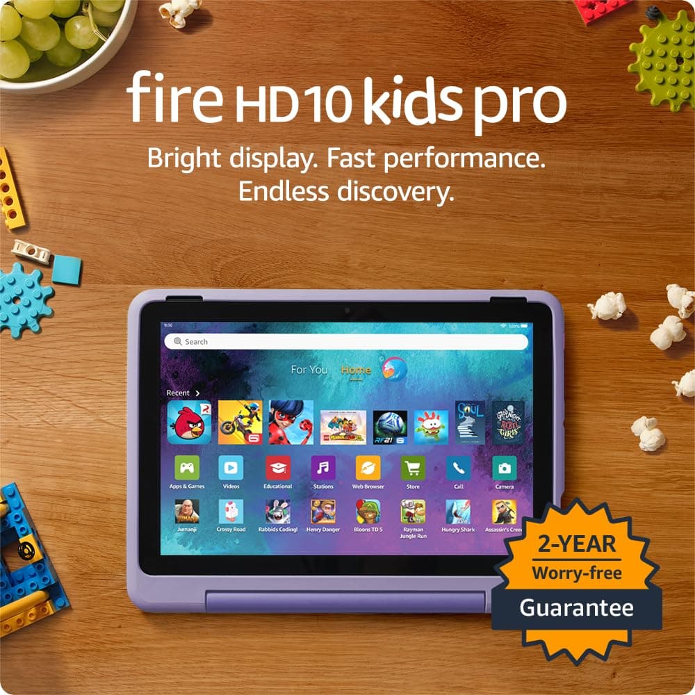 Amazon Fire HD 10 Kids Pro tablet, ages 6-12. Bright 10.1" HD screen, includes ad-free content, robust parental controls, 13-hr battery and slim case for older kids, 32 GB, Happy Day