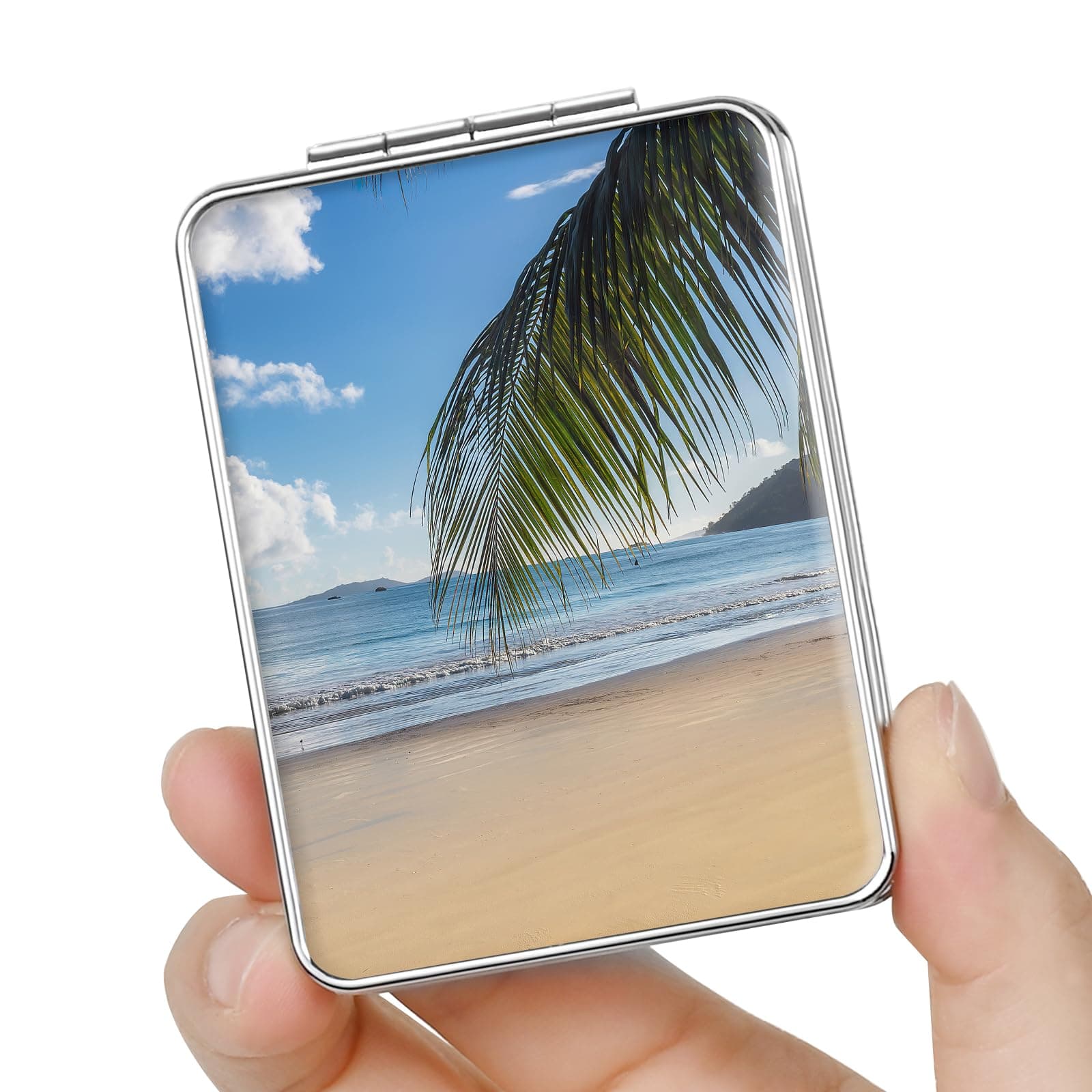Pocket Mirror, Small Travel Mirror with Magnification, Portable Double-Sided Magnifying Cosmetic Mirror for Daily (Beach)