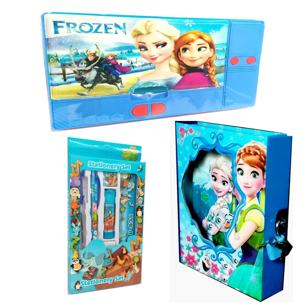 SHREE TECHNESH® Plastic Combo of Jumbo Pencil Box, Lock Diary and Stationery Set, Blue, Purple