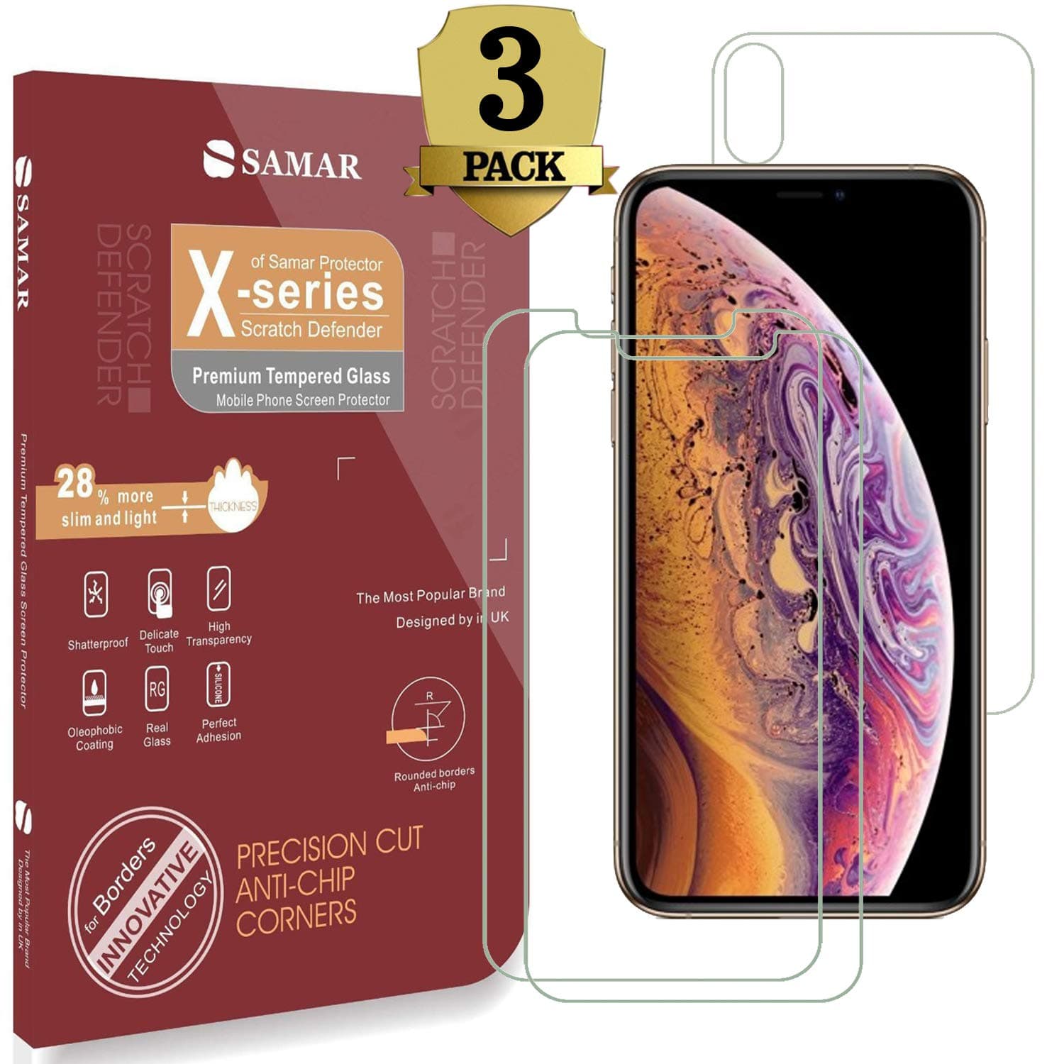 iPhone XS Screen Protector, iPhone X/Xs Tempered Glass (3 in Pack) 3D Glass Display Case Friendly Screen Protector for Apple iPhone 10 / 10s (2 Front, 1 Back Tempered Glass)