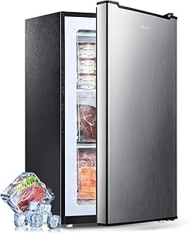Compact Mini Upright Freezer 3 Cu.Ft with 3 Pull-down Drawer Doors and Adjustable Thermostat, Single Door Small Deep Standing Freezer Rapid Cooling for Home, Office, Dorm, Garage, Silver