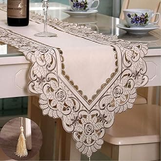LeLehome Classic Table Runner 15 Inch X 77 Inch, Flower Embroidery Beige Brown Dresser Scarf Dining Kitchen Home Decoration Lace Tapestry