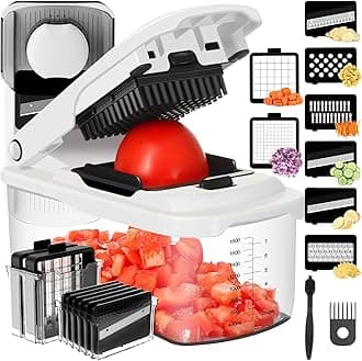 Food Chopper with Container, Manual Mandolin Vegetable Slicer Onion Dicer with 8 Blades, Hand Veggie Shredder for Potato, Tomato, Essential Kitchen Gadgets (8 in 1, White)
