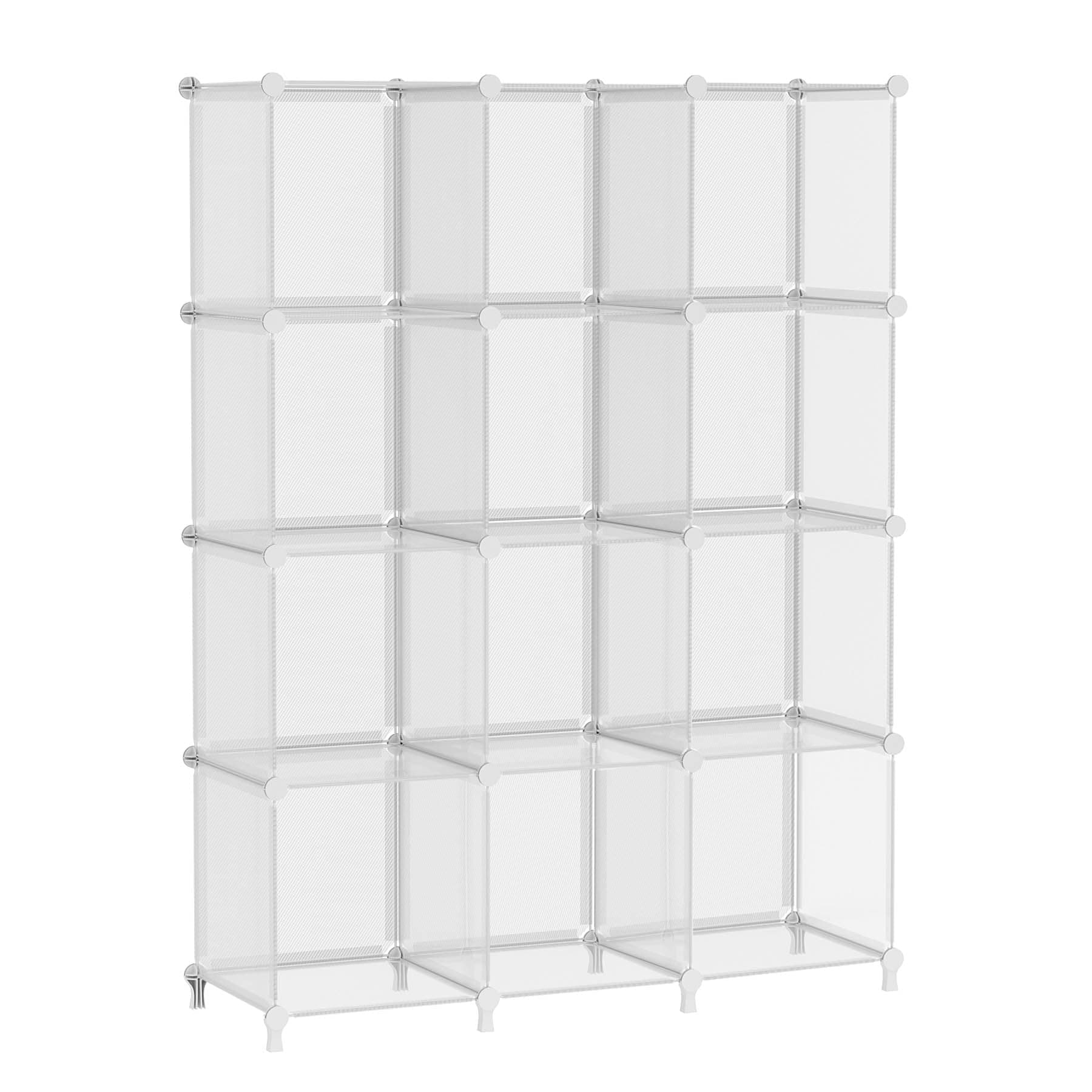 Cube Storage Organizer, 12 Cube Shelves Bookshelf, Closet Organizers and Storage, DIY Stackable Plastic Clothes Organizer Shelving for Bedroom, Home Office, Transparent Twill